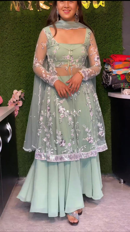 Glimmering Pista Color Soft Net  Embroidery Sequence Work Lehenga Choli With Koti
