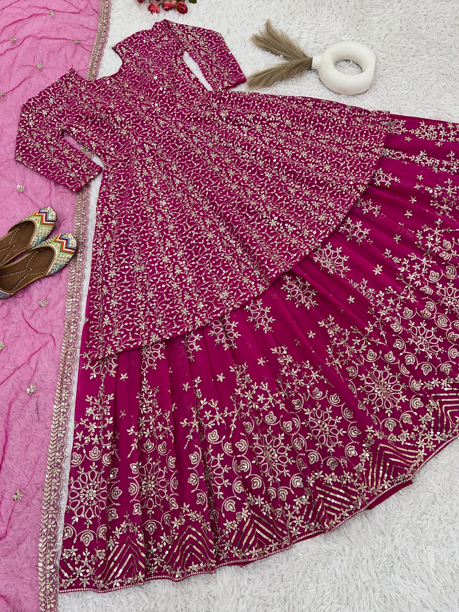 Wedding Wear Heavy Work Pink Color Top With Lehenga