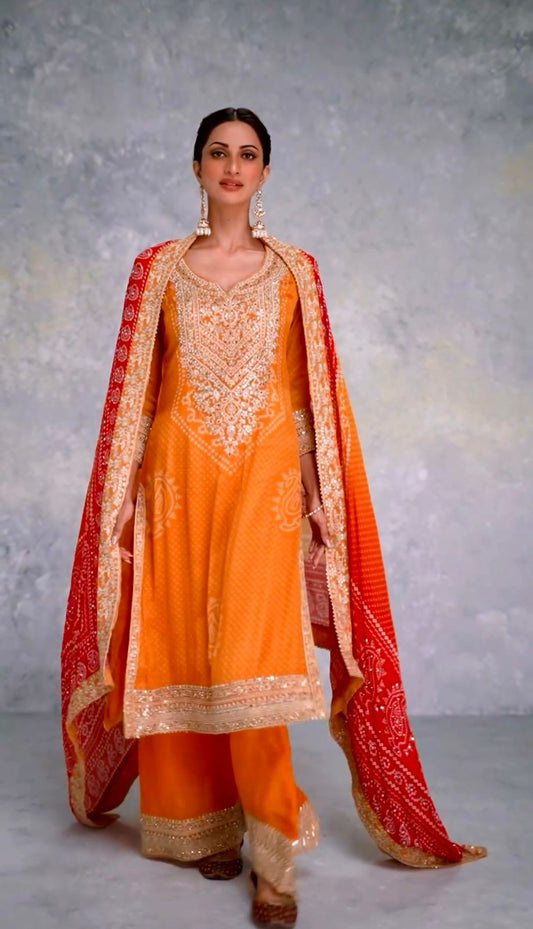 Captivating Digital Print With Work Orange Color Sharara Suit