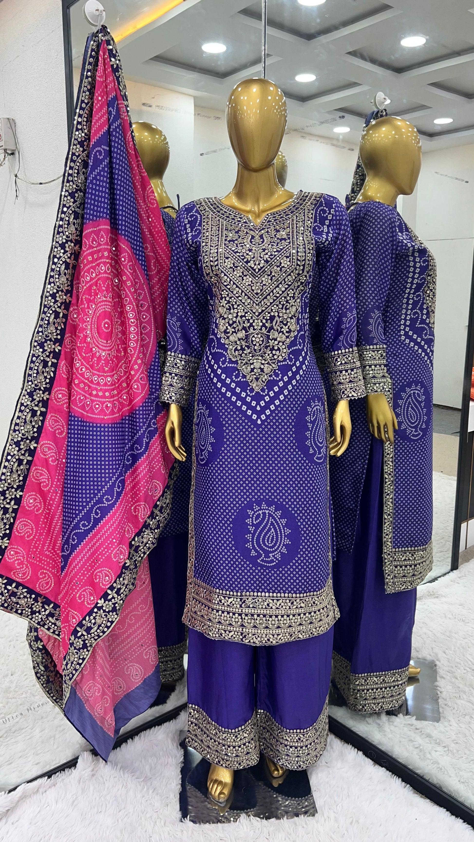 Captivating Digital Print With Work Blue Color Sharara Suit