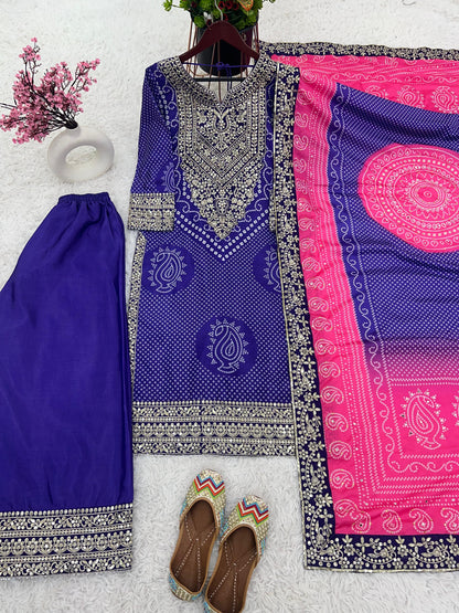 Captivating Digital Print With Work Blue Color Sharara Suit