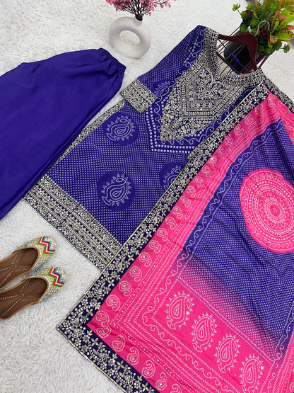 Captivating Digital Print With Work Blue Color Sharara Suit