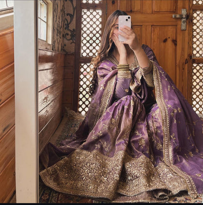 Lovely Puple Color Pure Chinon Silk With Heavy Embroidery Sequence Work Designer Sharara Suit