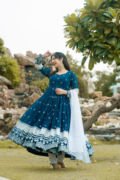 Wedding Wear Teal Blue Color Faux Georgette With Embroidery Work Designer Anarkali Suit