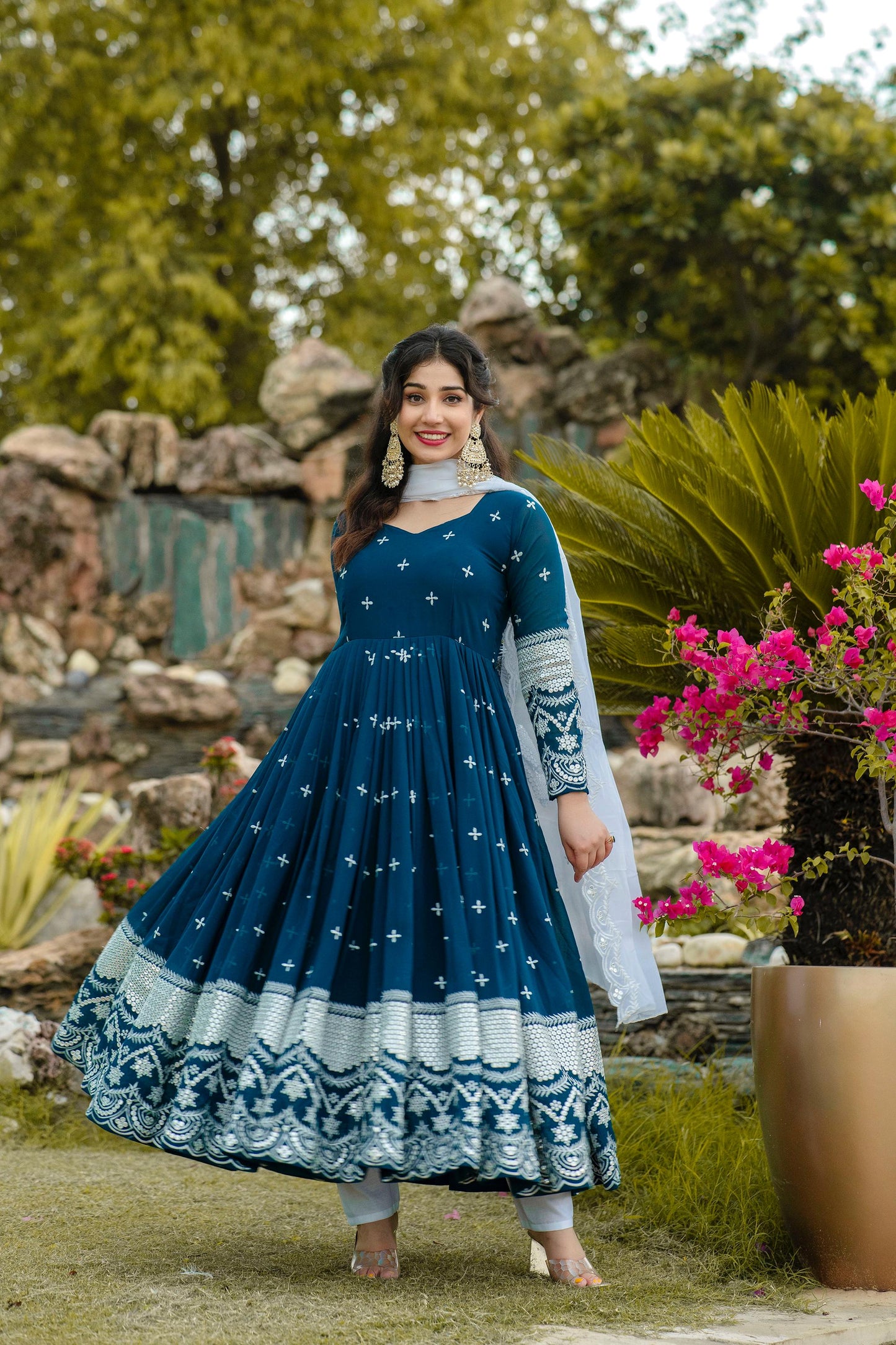 Wedding Wear Teal Blue Color Faux Georgette With Embroidery Work Designer Anarkali Suit
