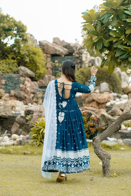 Wedding Wear Teal Blue Color Faux Georgette With Embroidery Work Designer Anarkali Suit