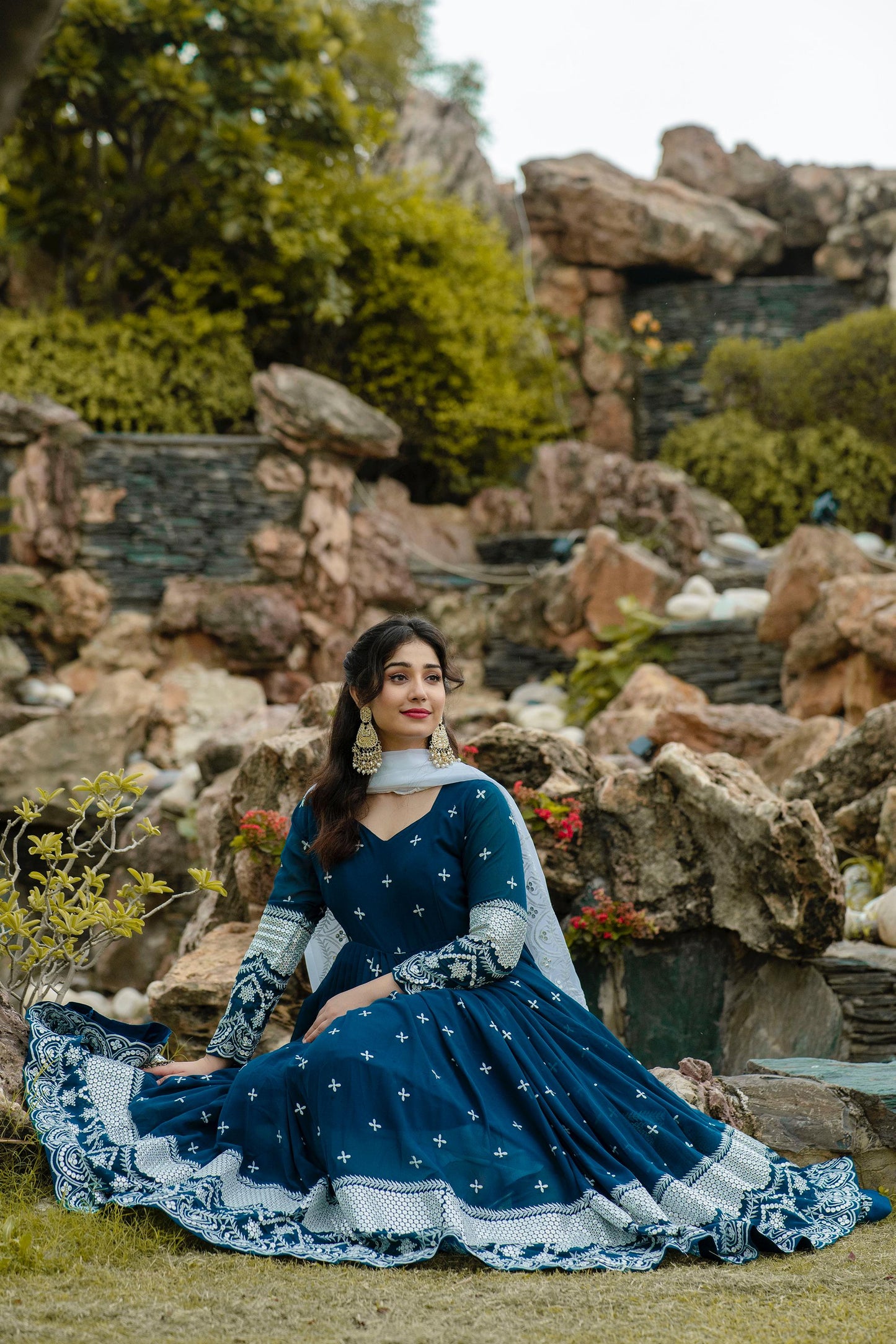 Wedding Wear Teal Blue Color Faux Georgette With Embroidery Work Designer Anarkali Suit