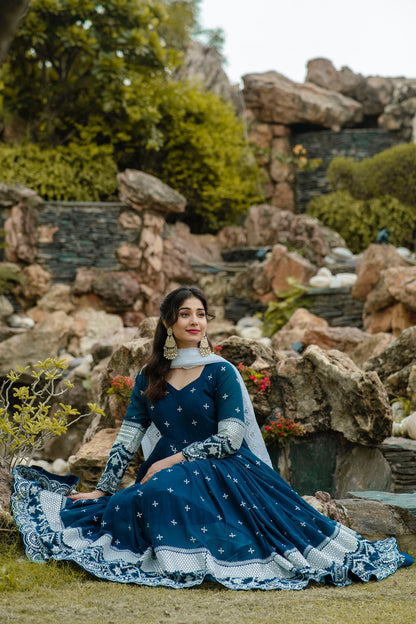 Wedding Wear Teal Blue Color Faux Georgette With Embroidery Work Designer Anarkali Suit
