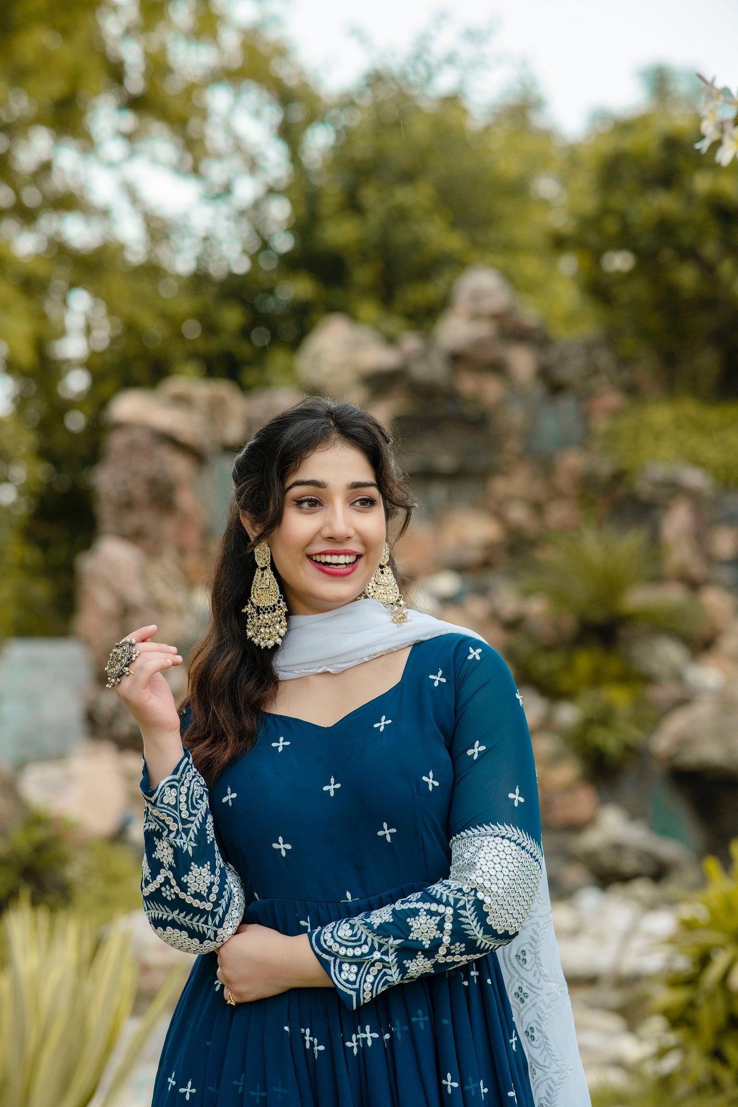 Wedding Wear Teal Blue Color Faux Georgette With Embroidery Work Designer Anarkali Suit