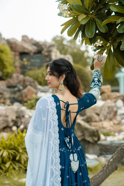 Wedding Wear Teal Blue Color Faux Georgette With Embroidery Work Designer Anarkali Suit