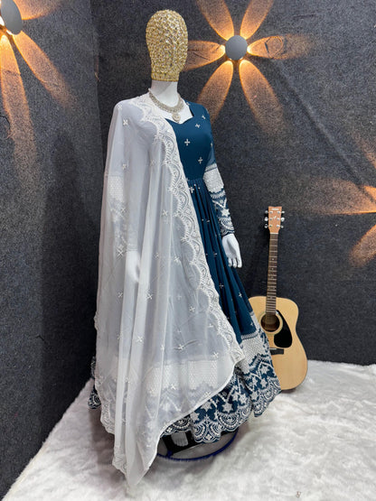 Wedding Wear Teal Blue Color Faux Georgette With Embroidery Work Designer Anarkali Suit