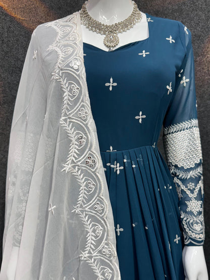 Wedding Wear Teal Blue Color Faux Georgette With Embroidery Work Designer Anarkali Suit