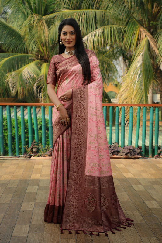 Beautiful Wine Border With Pink Color Kanjivaram Silk Saree