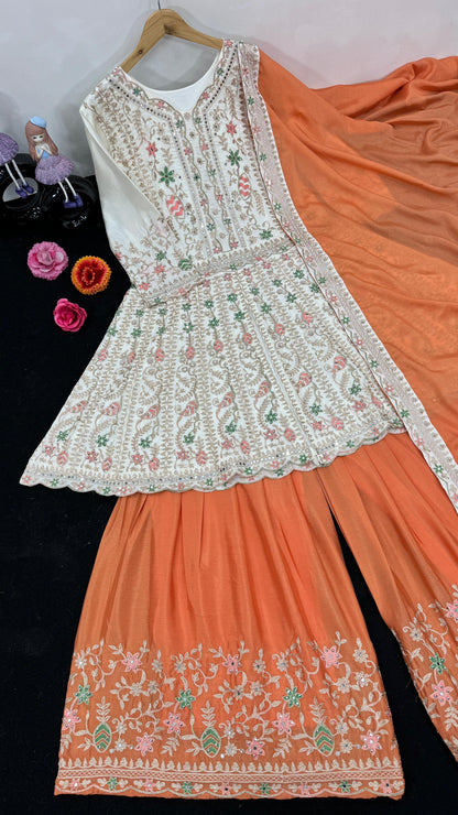 Pakistani Orange With White Thread With Dimond Work Sharara Suit