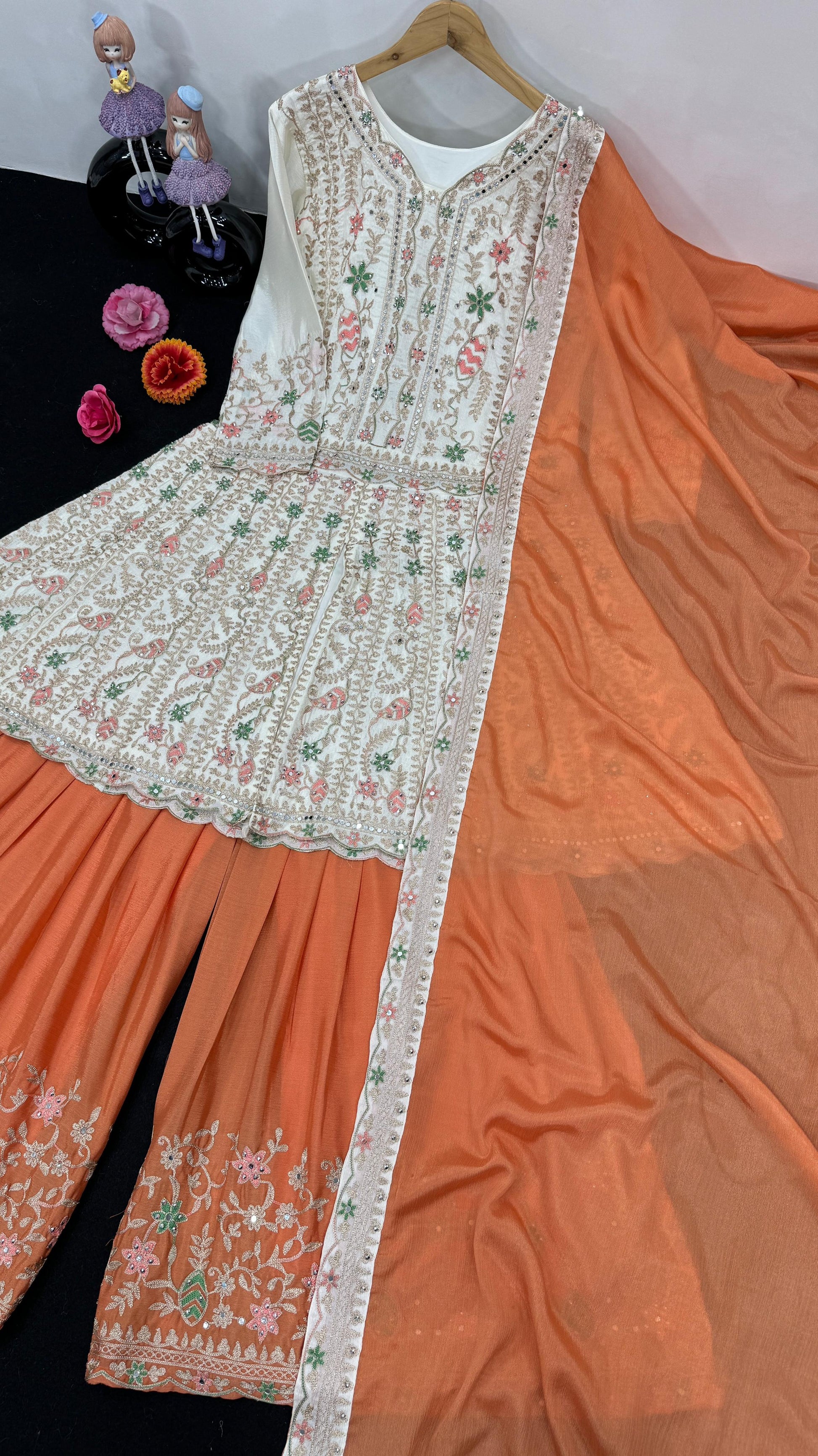 Pakistani Orange With White Thread With Dimond Work Sharara Suit