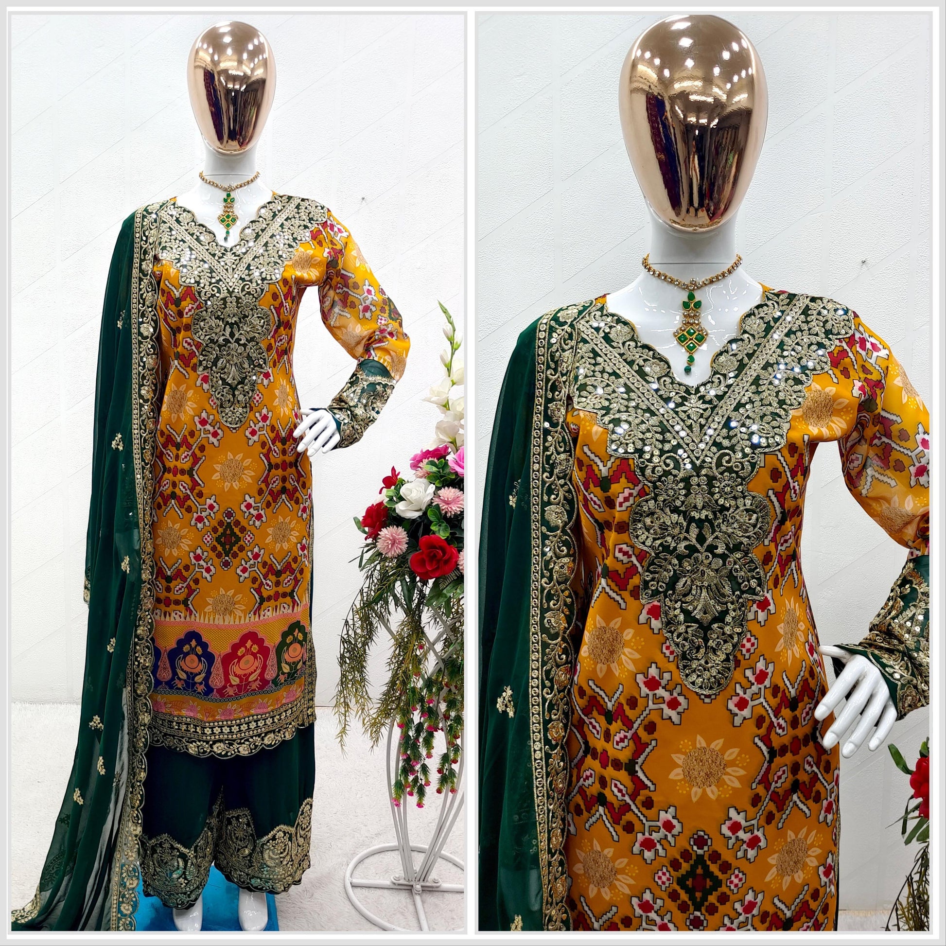 Green With Yellow Multi Print Design Demanding Palazzo Suit