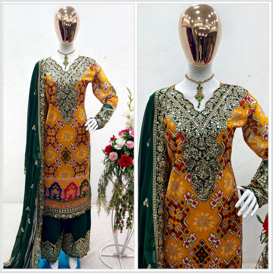 Green With Yellow Multi Print Design Demanding Palazzo Suit
