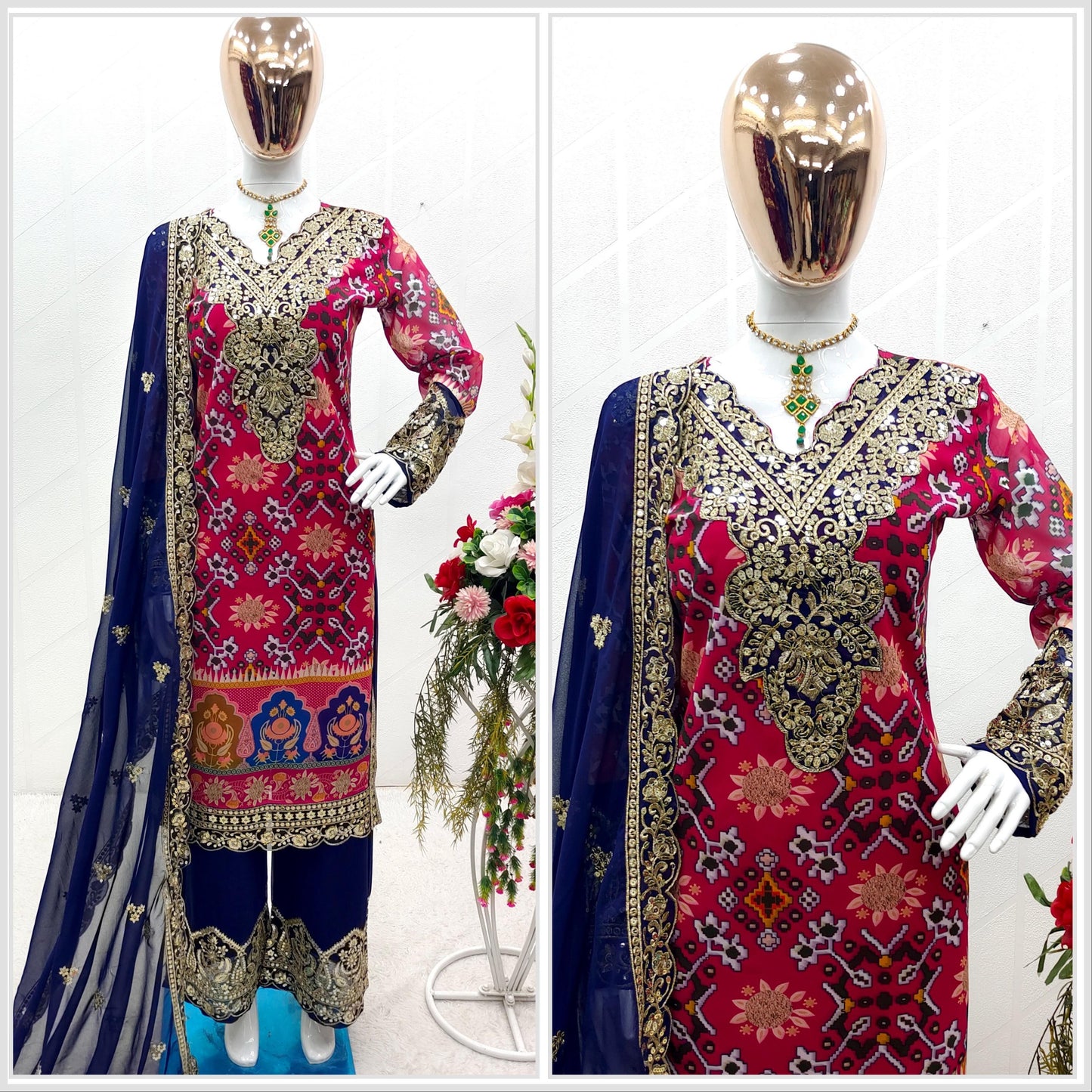 Blue With Pink Multi Print Design Demanding Palazzo Suit