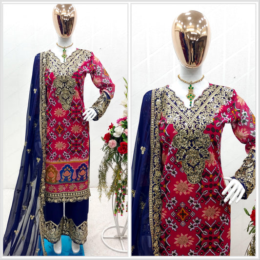 Blue With Pink Multi Print Design Demanding Palazzo Suit