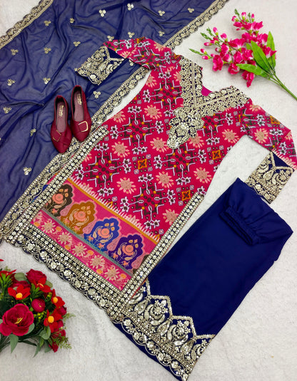 Blue With Pink Multi Print Design Demanding Palazzo Suit