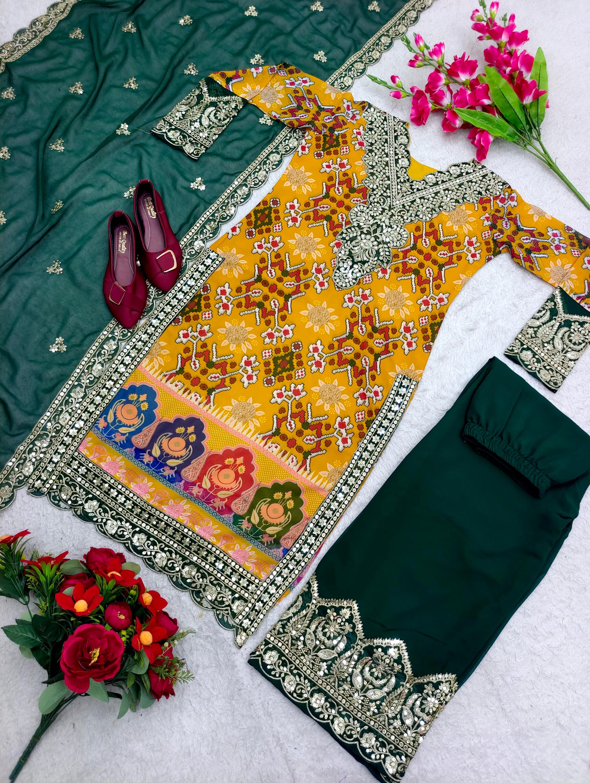 Green With Yellow Multi Print Design Demanding Palazzo Suit