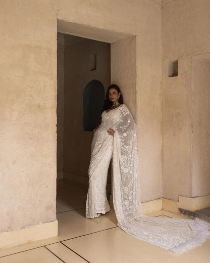 Fantastic White Color Sequence Embroidery Work Design Saree