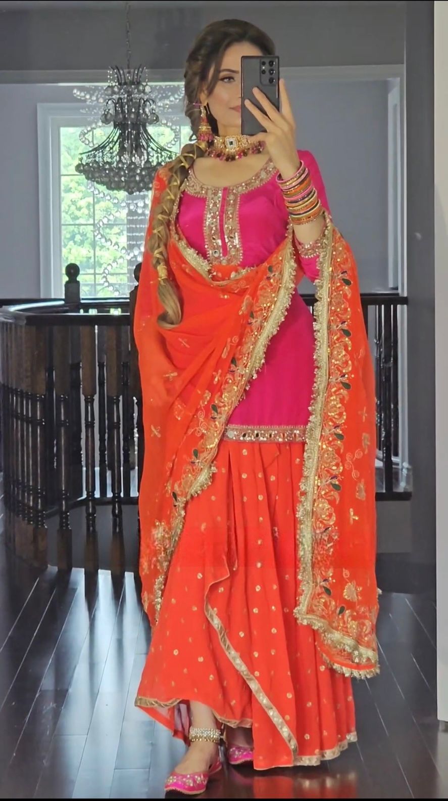 Party Wear Pink And Orange Color Faux Georgette With Heavy Embroidery 5mm Sequence Work Dhoti Suit