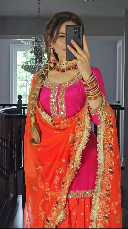 Party Wear Pink And Orange Color Faux Georgette With Heavy Embroidery 5mm Sequence Work Dhoti Suit