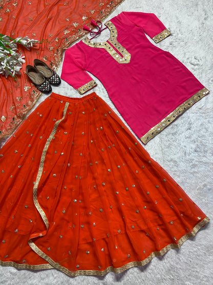Party Wear Pink And Orange Color Faux Georgette With Heavy Embroidery 5mm Sequence Work Dhoti Suit