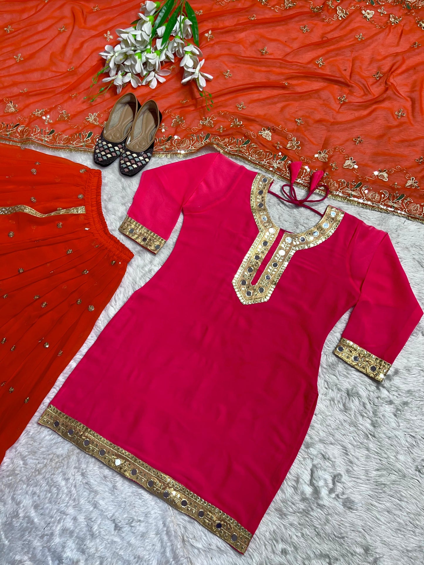 Party Wear Pink And Orange Color Faux Georgette With Heavy Embroidery 5mm Sequence Work Dhoti Suit