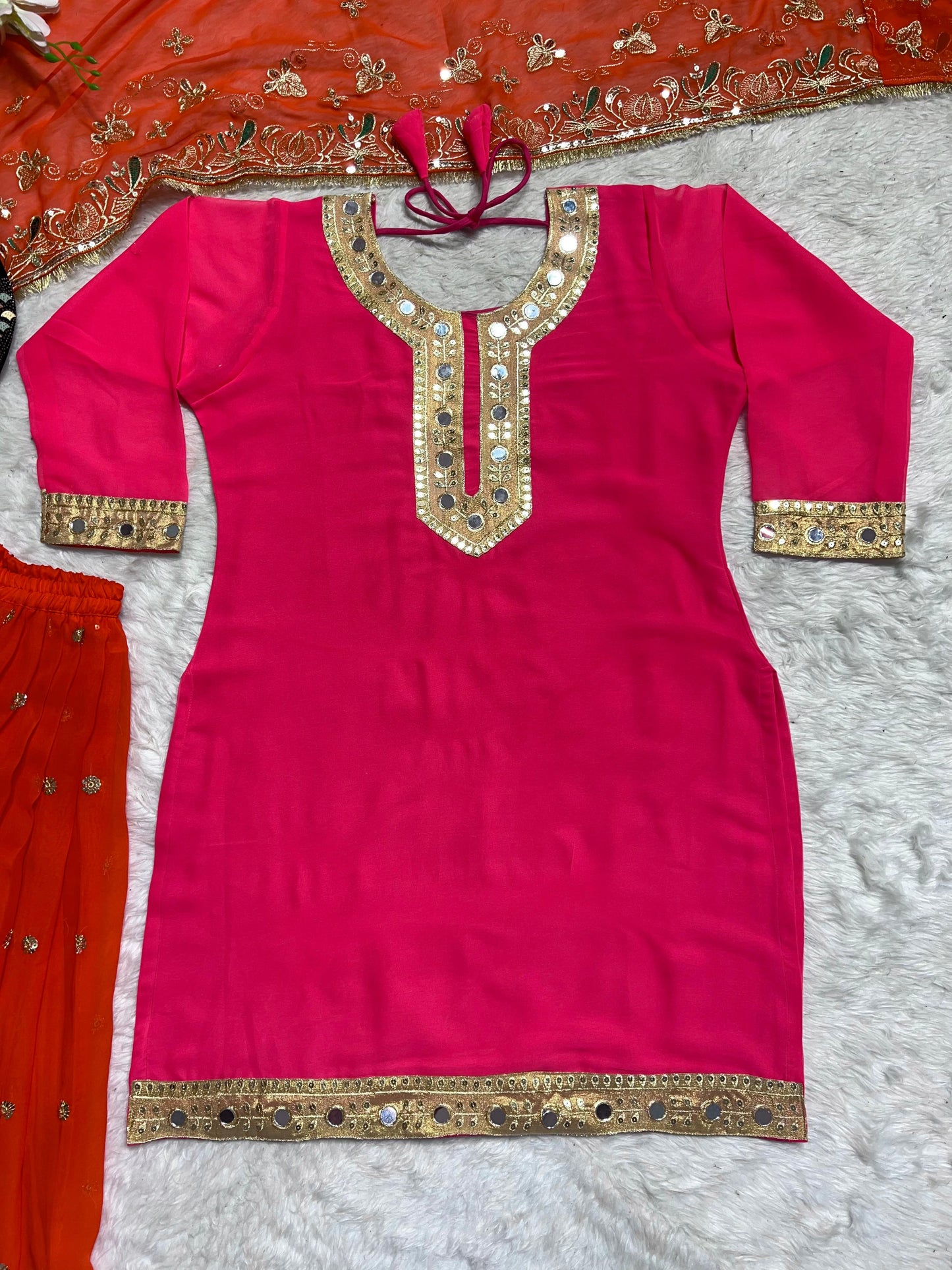 Party Wear Pink And Orange Color Faux Georgette With Heavy Embroidery 5mm Sequence Work Dhoti Suit