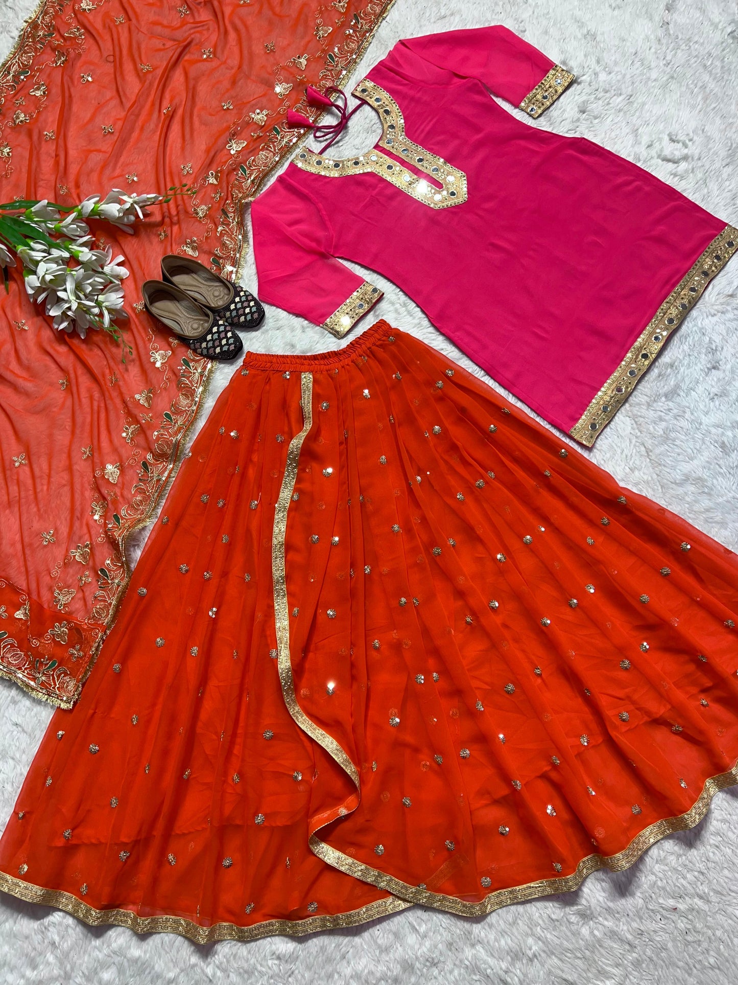 Party Wear Pink And Orange Color Faux Georgette With Heavy Embroidery 5mm Sequence Work Dhoti Suit