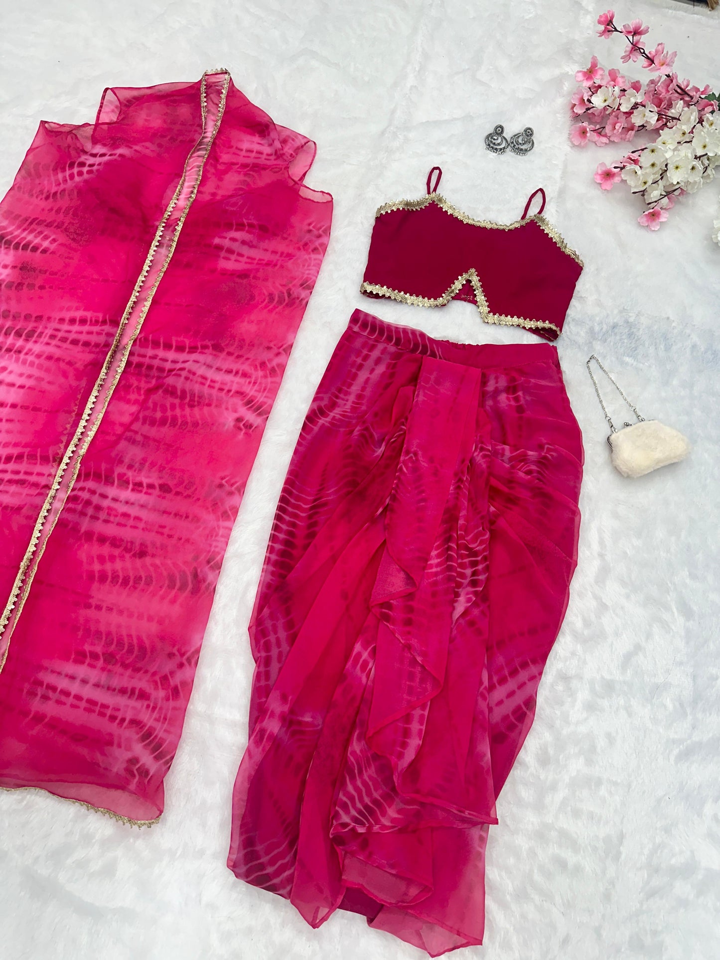 Pink Color Pure Georgette Printed With Designer Lace Border Shrug With Skirt