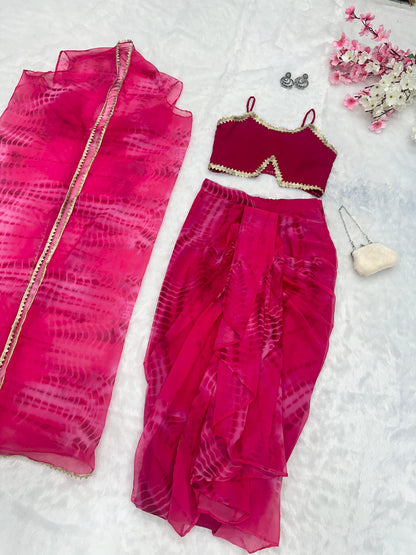 Pink Color Pure Georgette Printed With Designer Lace Border Shrug With Skirt