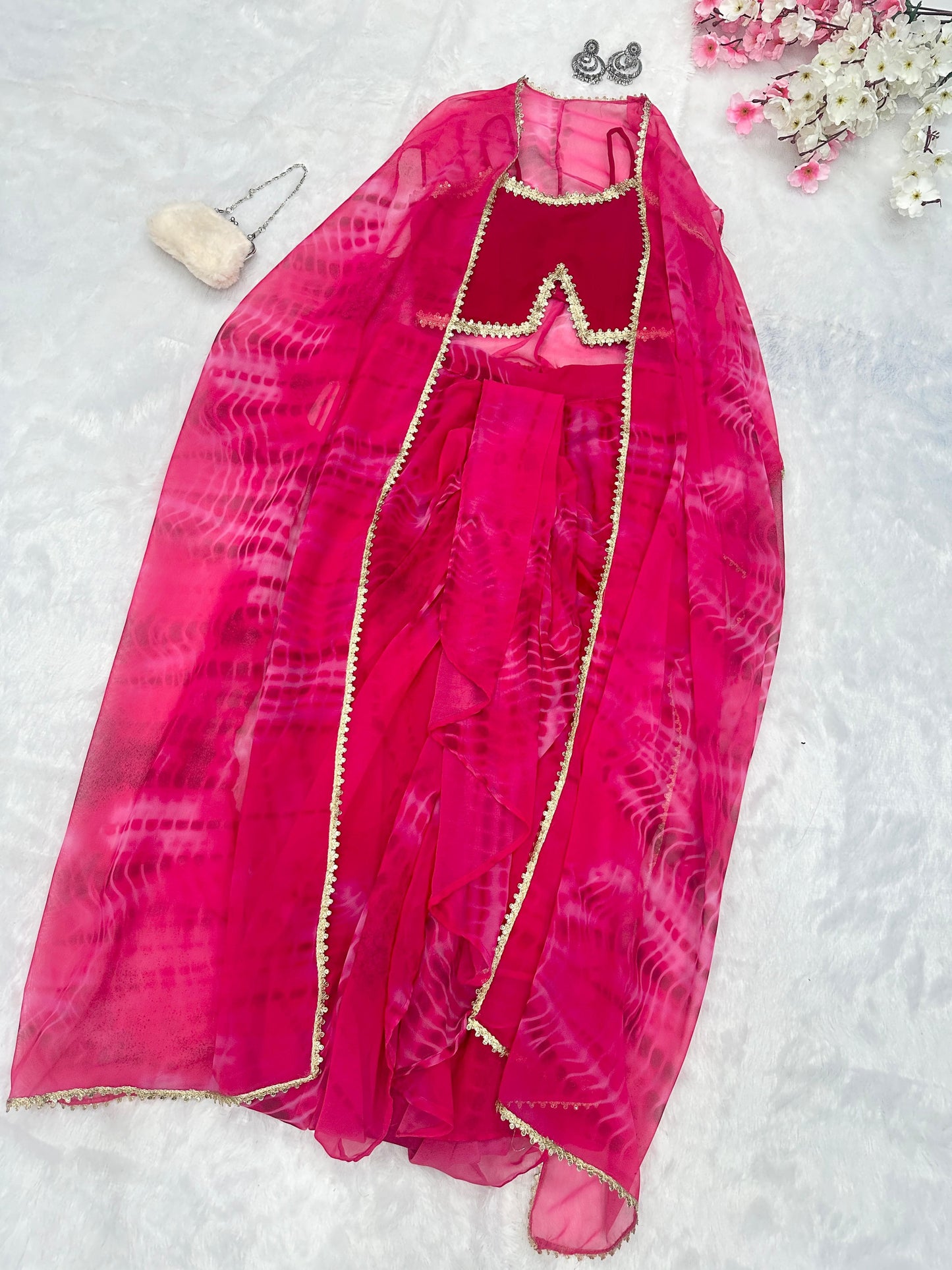 Pink Color Pure Georgette Printed With Designer Lace Border Shrug With Skirt