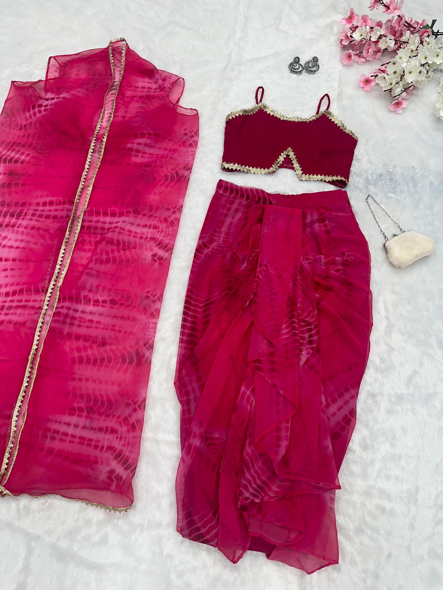 Pink Color Pure Georgette Printed With Designer Lace Border Shrug With Skirt