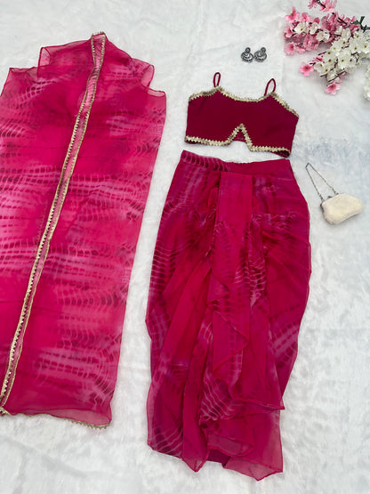 Pink Color Pure Georgette Printed With Designer Lace Border Shrug With Skirt