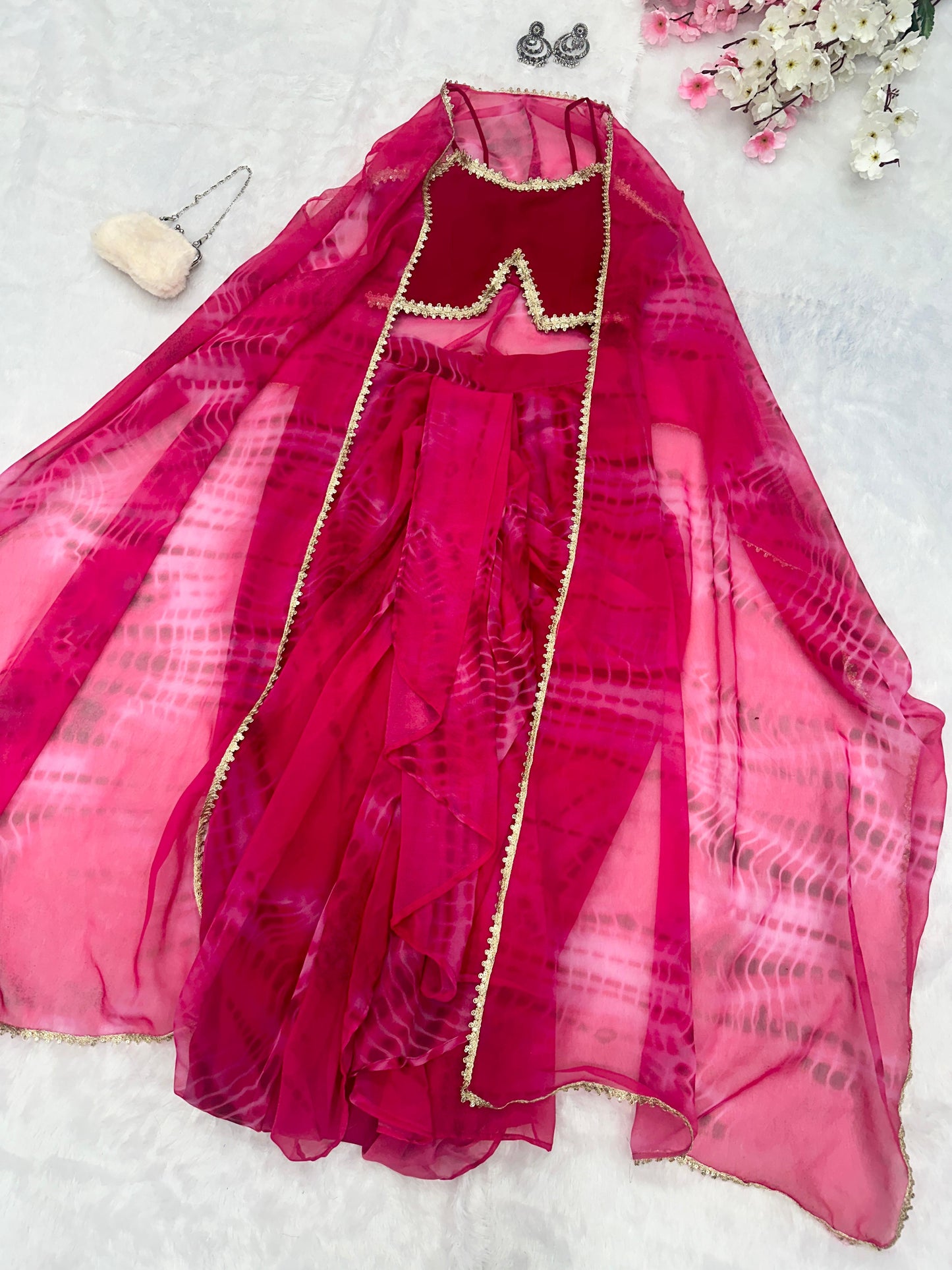 Pink Color Pure Georgette Printed With Designer Lace Border Shrug With Skirt
