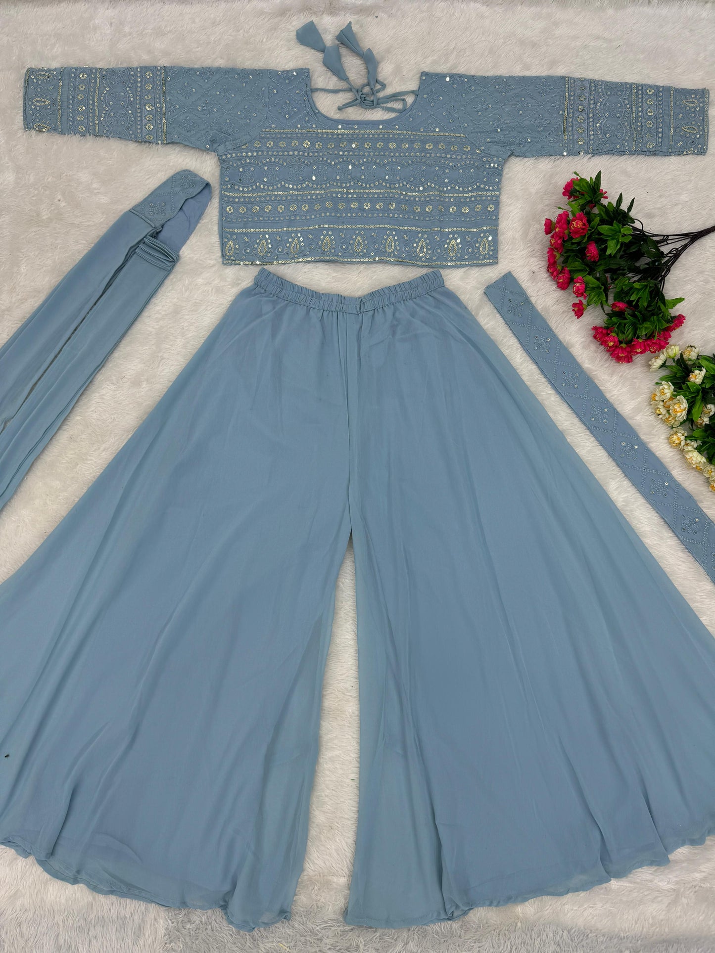 Eyes Catching Sky Blue Color Georgette Embroidered Sequins Work Wedding Wear Choli With Sharara