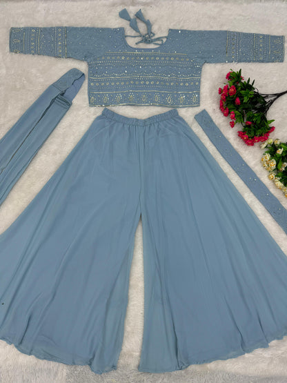 Eyes Catching Sky Blue Color Georgette Embroidered Sequins Work Wedding Wear Choli With Sharara