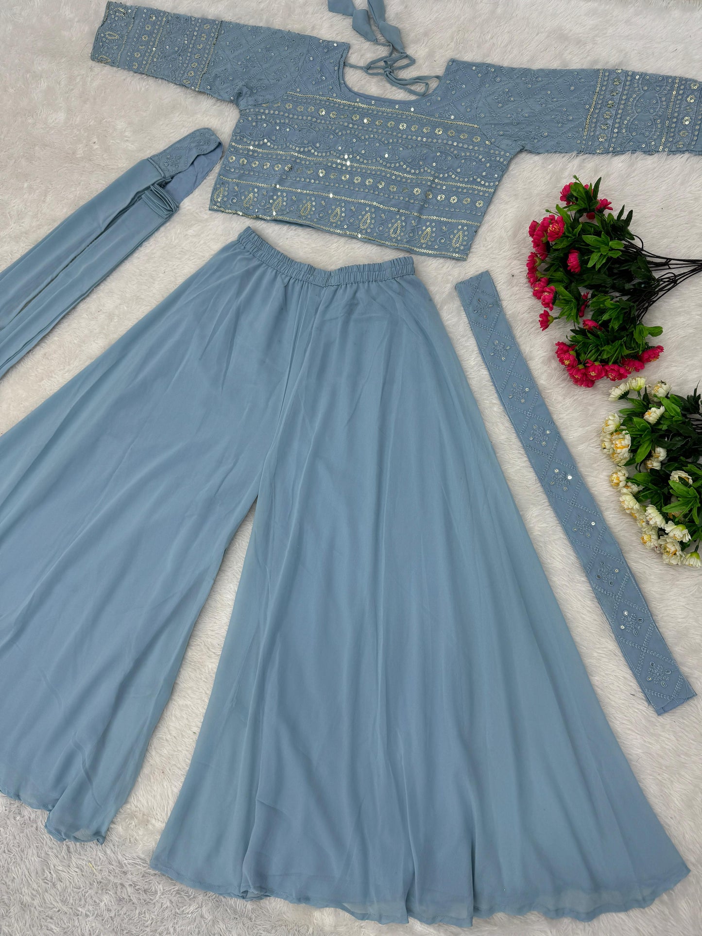 Eyes Catching Sky Blue Color Georgette Embroidered Sequins Work Wedding Wear Choli With Sharara