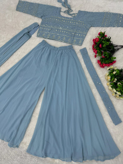 Eyes Catching Sky Blue Color Georgette Embroidered Sequins Work Wedding Wear Choli With Sharara