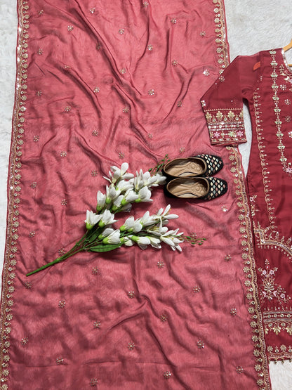 Outstanding Pink Color Heavy Pure Organza 5mm Sequence Embroidery Work Salwar Suit