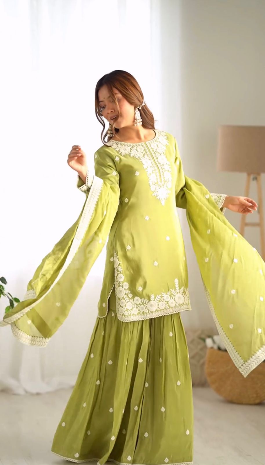 Luxuriant Green Color Embroidery Work Sharara Suit