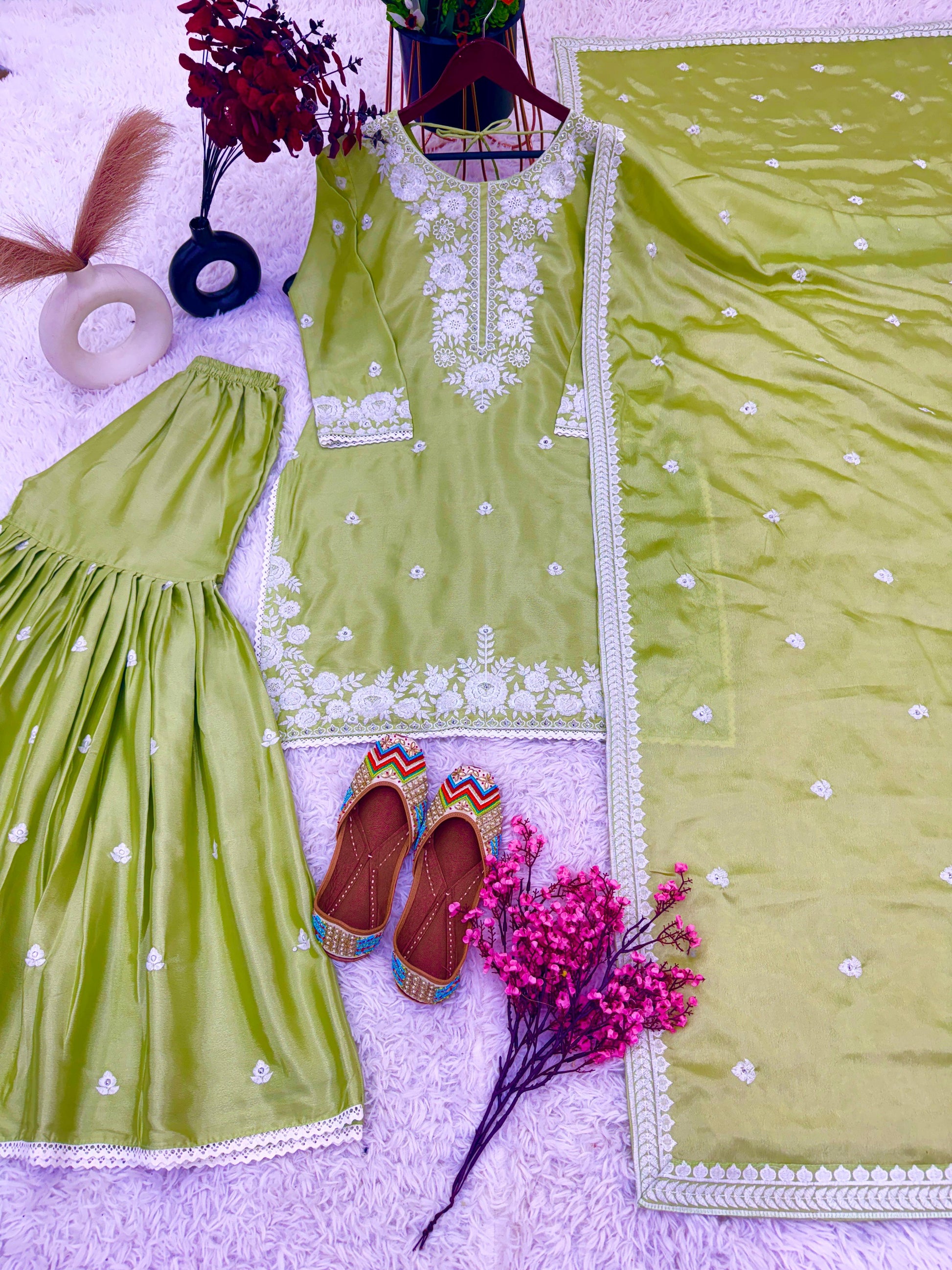 Luxuriant Green Color Embroidery Work Sharara Suit