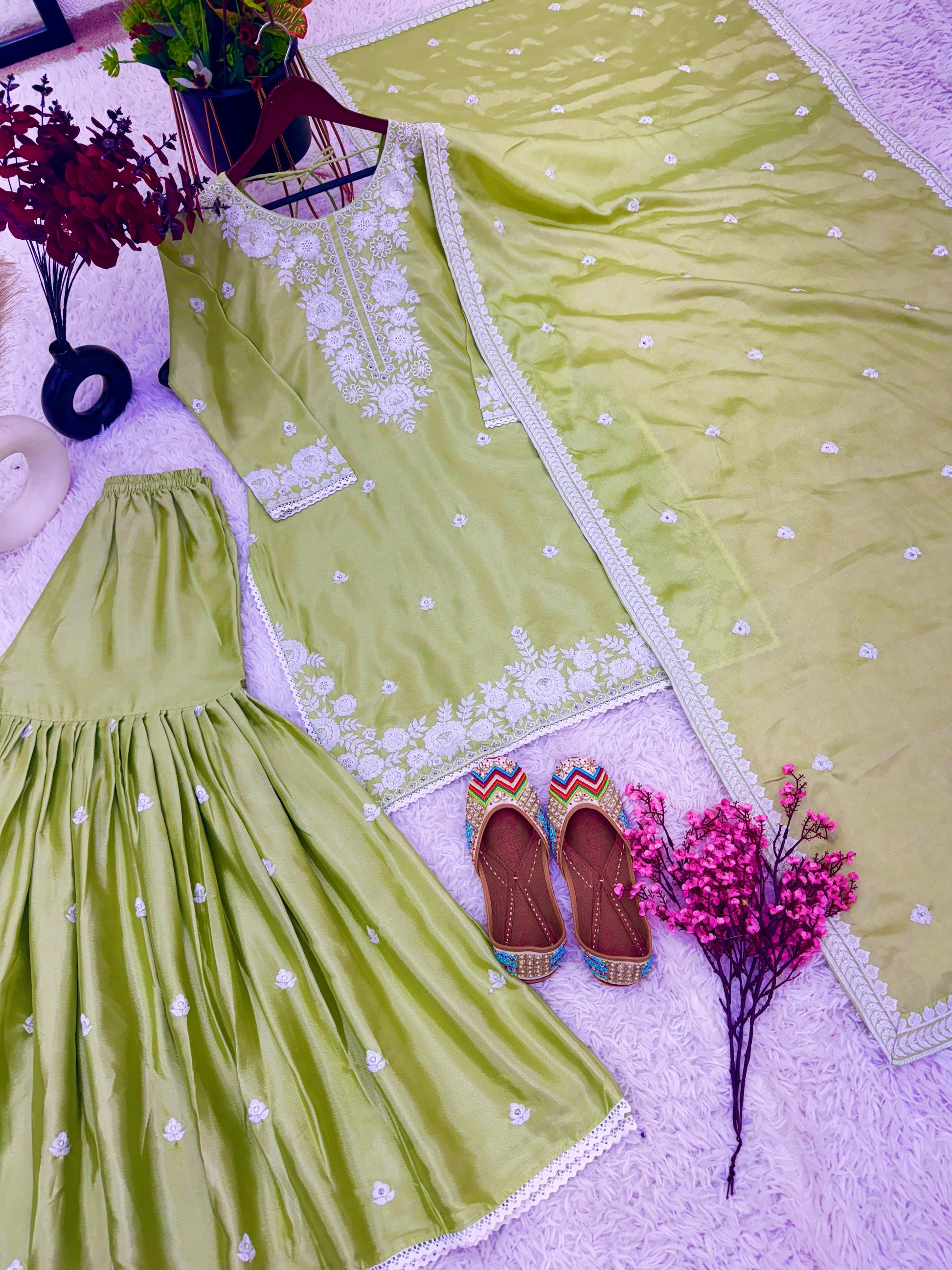 Luxuriant Green Color Embroidery Work Sharara Suit
