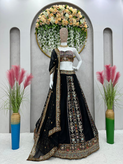 Eyes Catching Black Color Georgette Embroidery With Sequence Work Designer Bridal Lehenga Choli