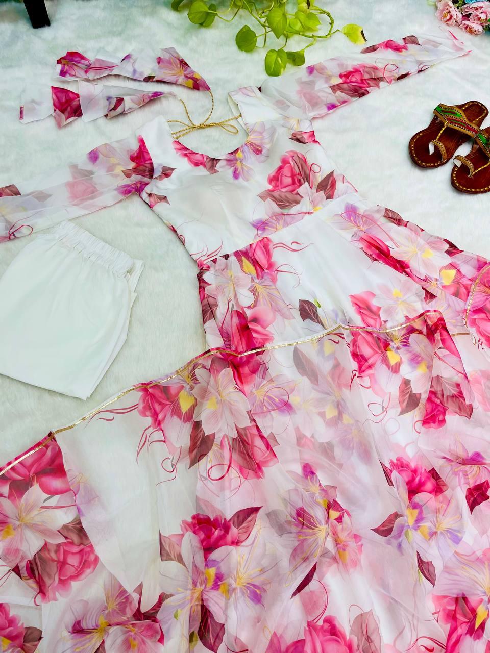 Ceremony Wear Organza Taby Silk Digital Printed Anarhali Gown