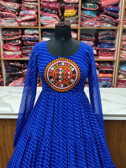 Navratri Wear Royal Blue Color Heavy Pure Soft Fox Georgette Laheriya Print Anarkali Gown