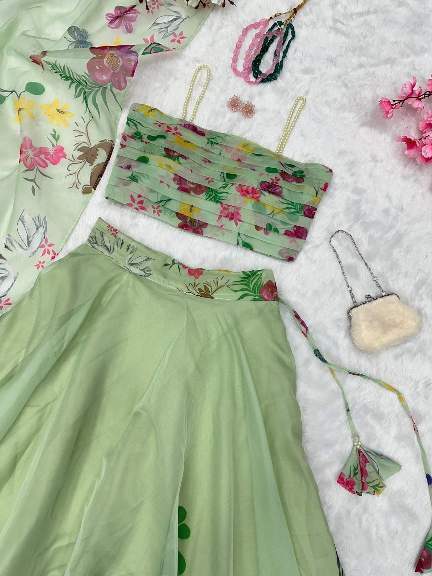 Wedding Wear Green Color Pure Organza Silk Floral Printed 8 Meter Flair Lehenga Choli